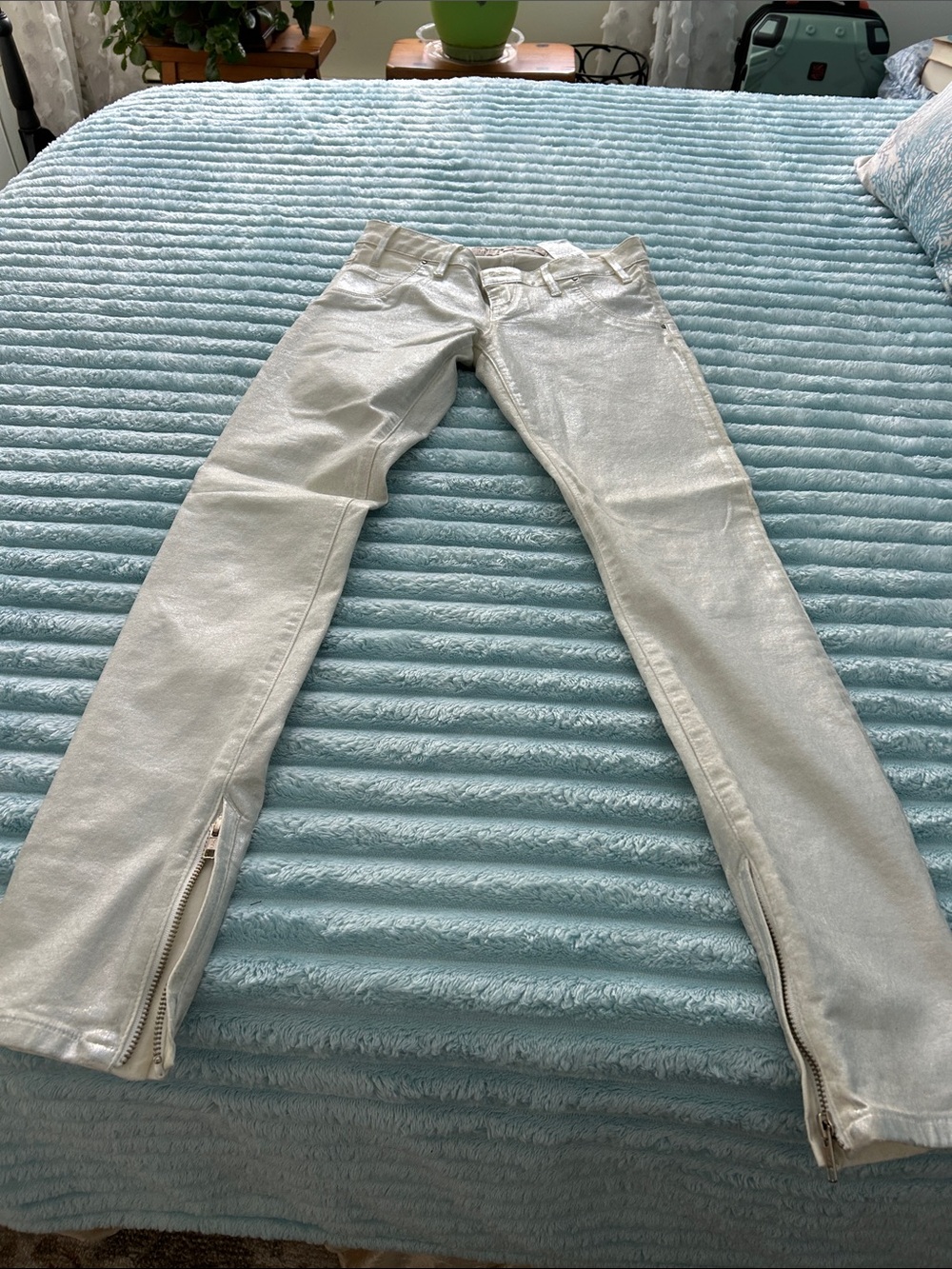 Guess Metallic Silver Skinny Jeans with Ankle Zippers